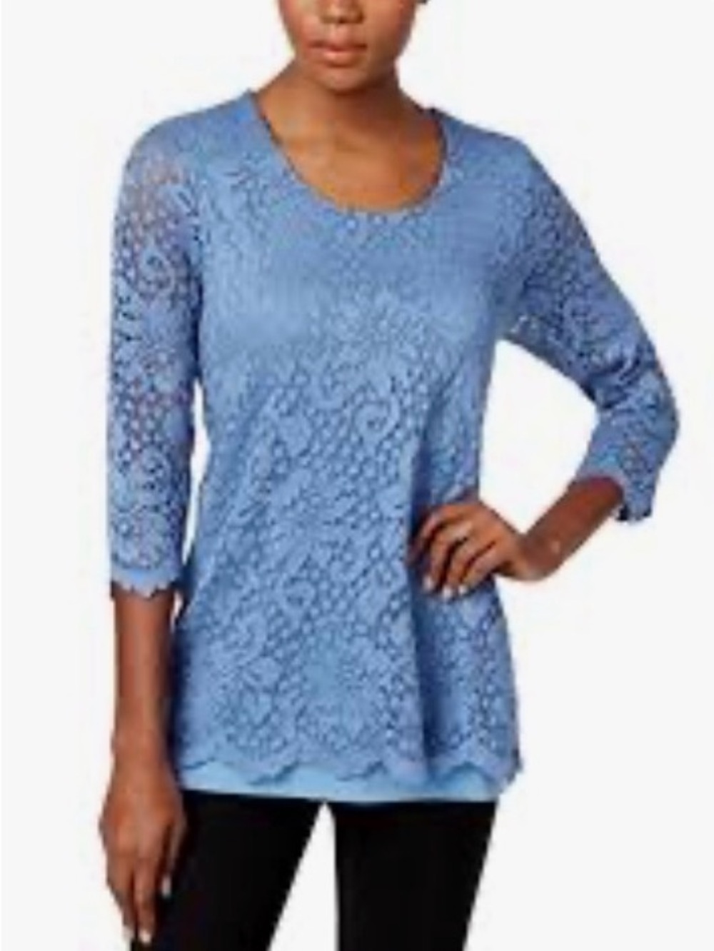 JM Collections Small Oversized Blue Lace Scoop Neck Women’s Top ptp 19”, ttb 29”